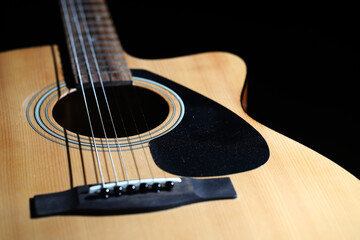 Close-up of Acoustic Guitar with Rich Wood Grain and Glossy Finish