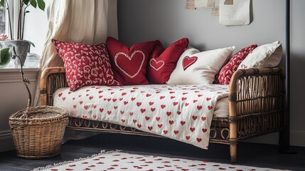 A cozy and decorated wicker daybed with lovethemed pillows