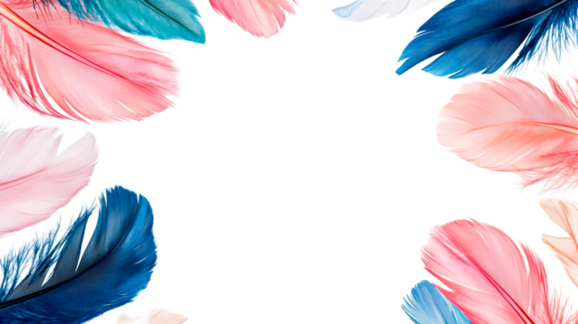 Feather frame border with pink and blue plumage, cut out transparent