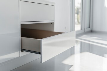 Fototapeta premium Opening Modern White Drawer Unit in Bright Room Shows Storage Solution