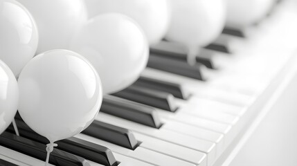 White Balloons on Piano Keys Creating a Unique Musical Still Life