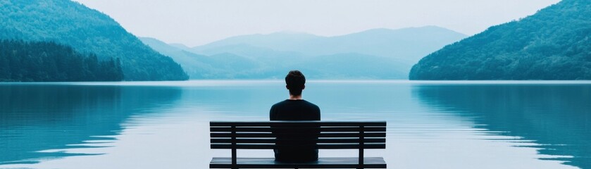 Fototapeta premium A serene scene of a person reflecting by a tranquil lake surrounded by mountains.