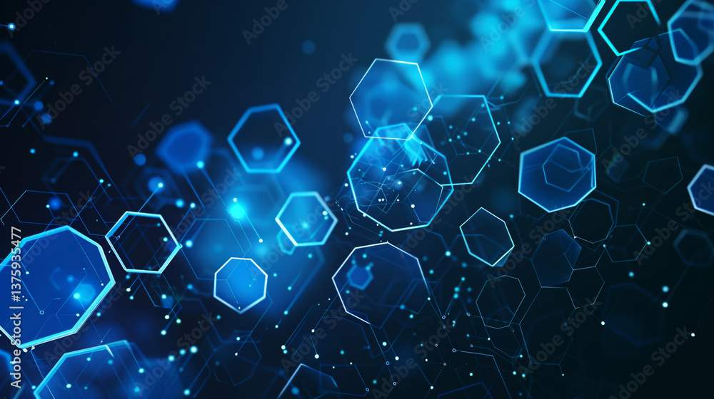 Poster Digital glowing neon futuristic hexagon abstract pattern. minimalistic geometrical hexagon form light glowing background. illuminated hexagon forms glowing wallpaper computer graphic background