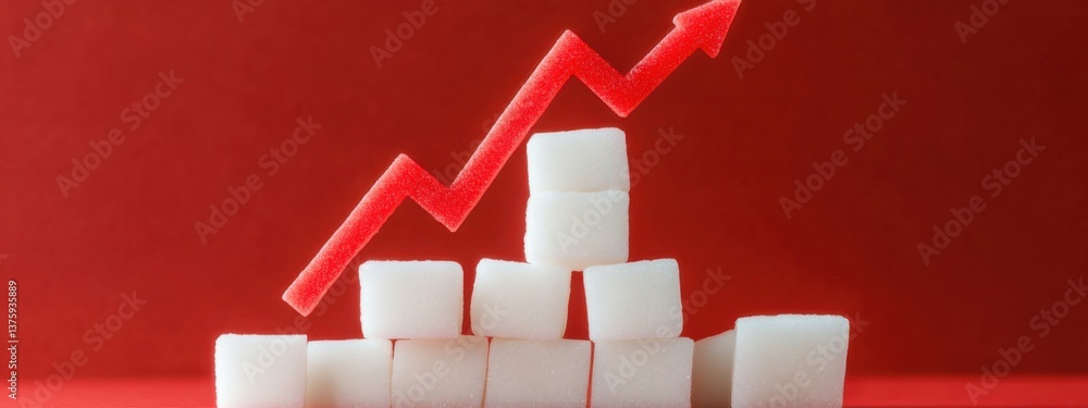 Poster sugar cubes stacked with a rising red graph against a red background illustrating increasing sugar p