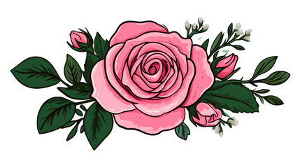 Pink rose bouquet illustration, leaves and buds, floral design, cut out transparent