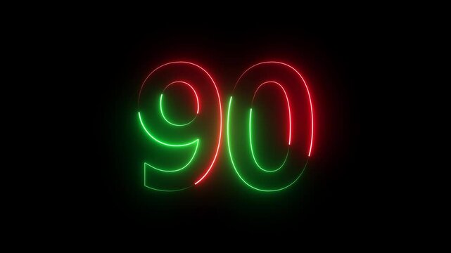 The neon 90 text icon animation displays glowing "90" digits, smoothly transitioning between bright neon colors, with pulsating light effects, creating a vibrant, futuristic visual experience.