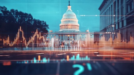 Financial data overlay on the United States Capitol building at dusk highlighting economic analysis and policy discussion