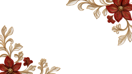 Floral ornaments, red and white pattern on black background, cut out transparent