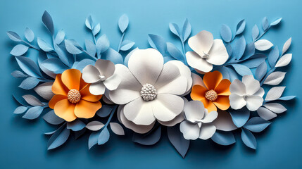 Obraz premium Paper Cut Flowers and Gypsum Plaster Blooming Composition on Blue Background - Origami Handmade Craft Art for Floral Decor Inspiration