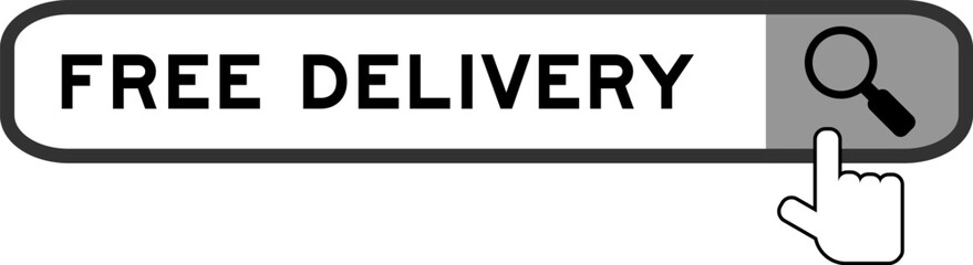 Search banner in word free delivery with hand over magnifier icon on white background