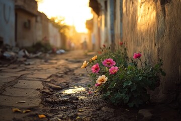 Fototapeta premium Colorful flowers bloom in a dusty alleyway at sunset