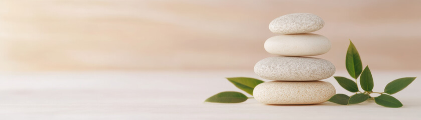 Fototapeta premium peaceful arrangement of stacked stones symbolizes tranquility and balance, complemented by green leaves
