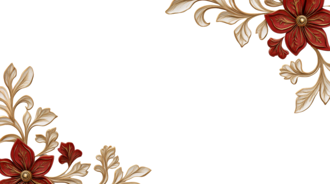 Floral ornaments, red and white pattern on black background, cut out transparent