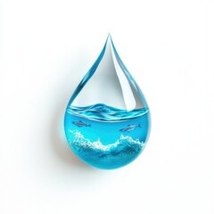 Single droplet of water on white background, containing miniature ocean scene with waves and fish inside, eco tech concept