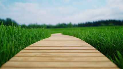 Fototapeta premium A serene wooden path winds through lush green grass under a clear sky, inviting exploration and connection with nature.