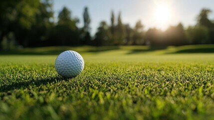A golf ball sits on vibrant green grass during a sunny day on the golf course.