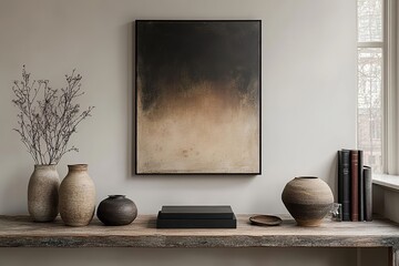 Minimalist Black Vase with Abstract Shapes, Adjacent to an Oval Wooden Table with a Book and Two Vases of Dried Flowers, Above Them a Hanging Picture in the Same Color Palette, Neutral Wall Background