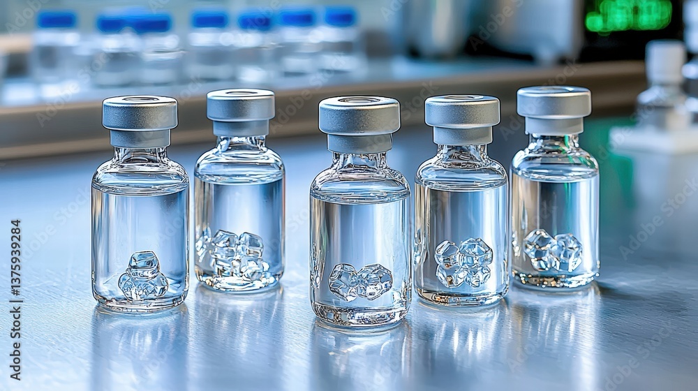 Poster a row of elegant glass bottles in various shapes and sizes reflecting light in a bright setting