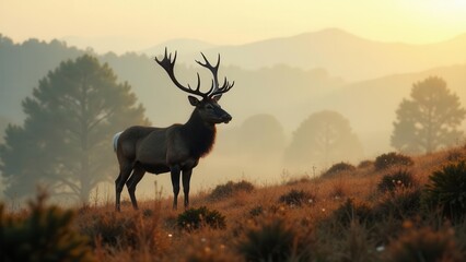 Majestic Stag Silhouetted Against a Misty Sunrise in a Serene Landscape