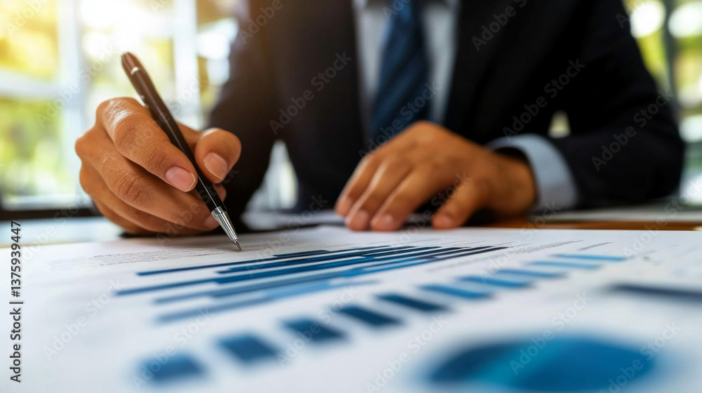 Poster financial planner is explaining risk assessment strategies in a modern boardroom setting. charts and