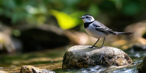 Obraz premium Black and white bird perched on a rock near a stream during a sunny afternoon in a peaceful natural setting
