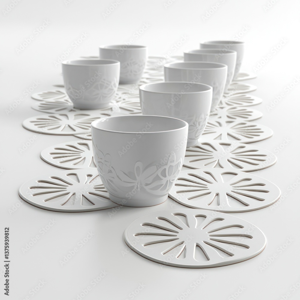 Poster elegant white cups on stylish coasters in minimalist design with a soft background