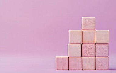 Pink Wooden Blocks Stacked on Purple Background Minimalist  Growth Concept