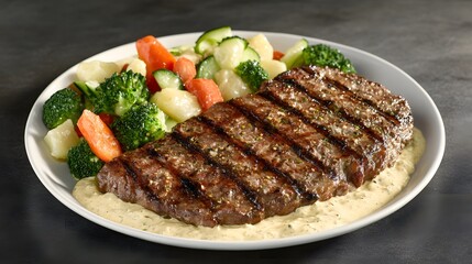 Grilled Steak with Roasted Vegetables and Creamy Sauce