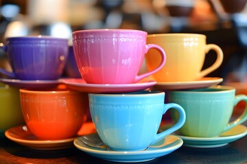 Fototapeta premium Stack of Colorful Teacups and Saucers