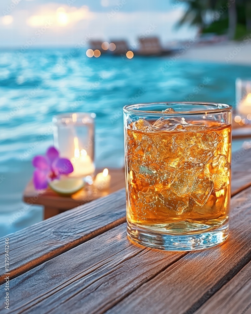 Poster refreshing drink served on a table with colorful garnishes inviting guests to enjoy a relaxing momen
