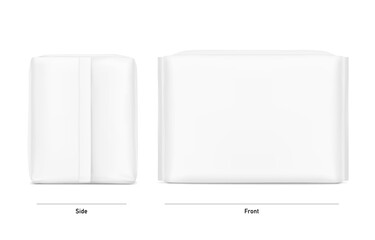 Packaging bag mockup. Front and side views. Vector illustration isolated on white background. Ready for your design. Suite for the presentation of pads, diaper, wipes, etc. EPS10.