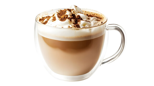 Foamy coffee cappuccino with wiped milk and coco powder on top, in double glass mug isolated on white background.