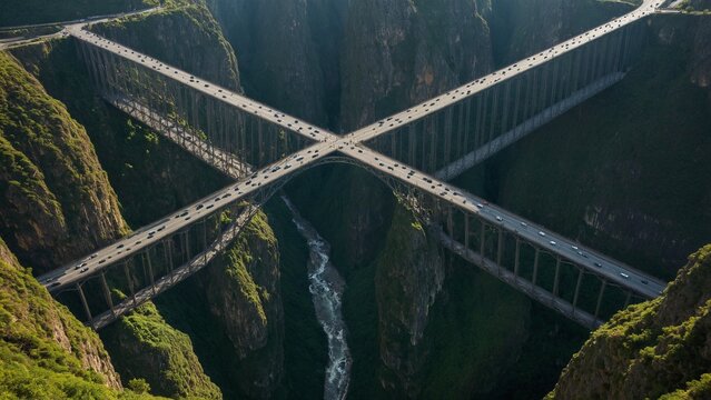 Two massive bridges intersect high above a gorge, connecting roads and spanning a lush landscape with a flowing river.