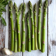 Fresh Green Asparagus Spears on Rustic White Wood