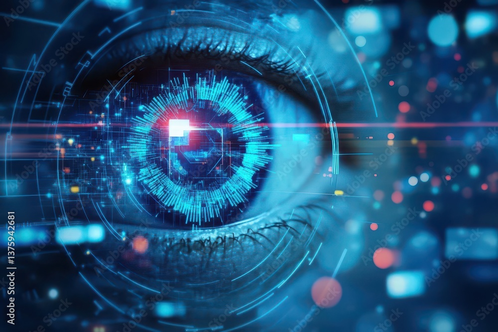 Poster Close-up of an eye with a digital interface overlay, representing the intersection of humanity and advanced technology