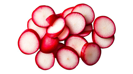 Pile of radish slices, round shape, red and white colors, cut out transparent