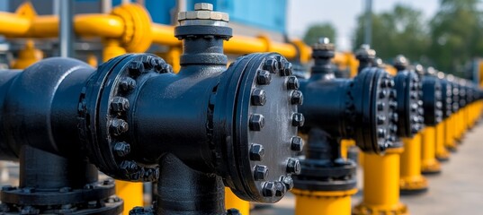 Obraz premium Industrial Pipeline System Close-Up of Black Valves on Yellow Pipes in a Factory Setting