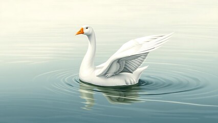 White Goose with Spread Wings Swimming in Water