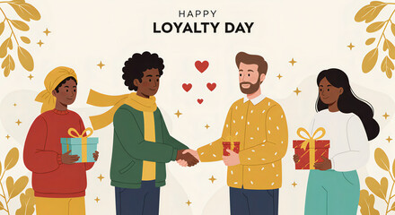 Illustration celebrating Loyalty Day, featuring symbols of loyalty such as handshake, hearts, and supportive gestures, with a bright and positive design