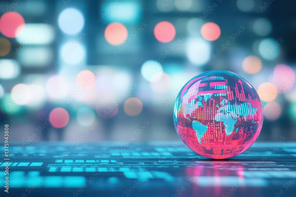 Poster Glass globe resting on a computer keyboard symbolizing global connectivity and digital technology integration in workspaces