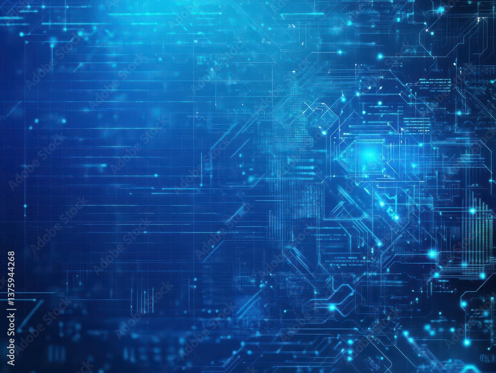 Poster intricate circuit design featuring glowing blue lights set against a dark background for high-tech a