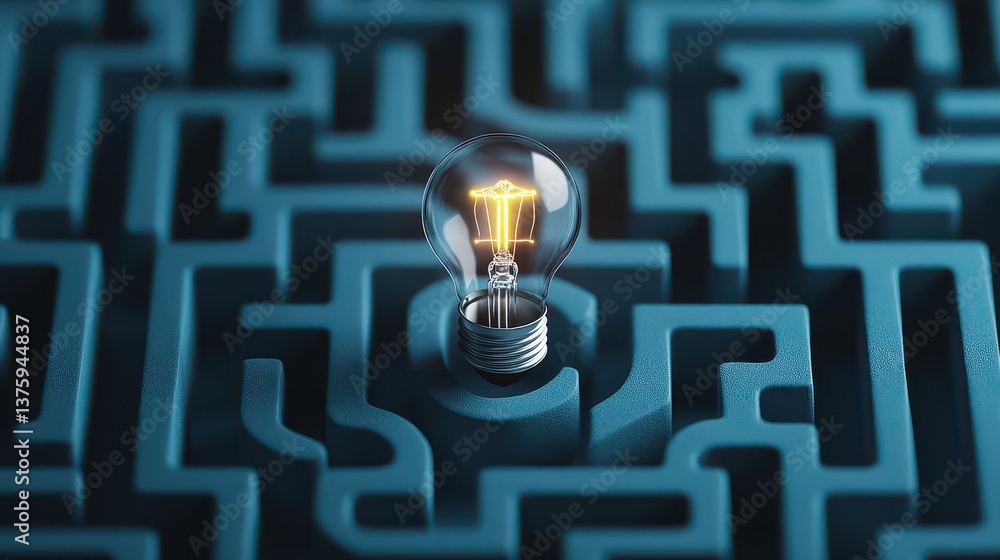 Poster Light bulb situated inside a complex maze representing the journey of ideas and innovation through challenges and obstacles