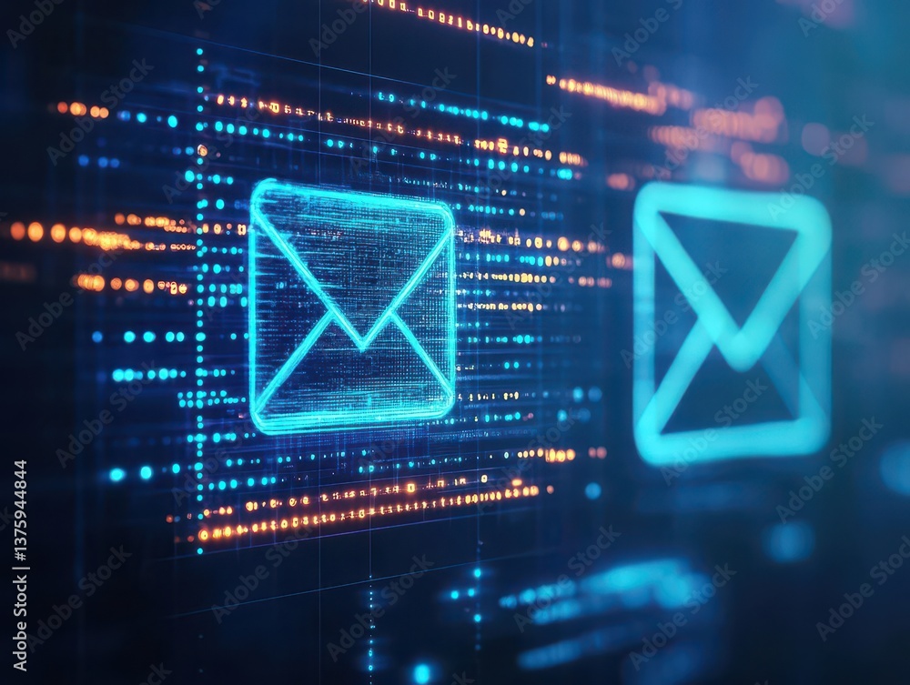 Poster Blue email envelope displayed on a computer screen illustrating digital communication in a modern workspace environment