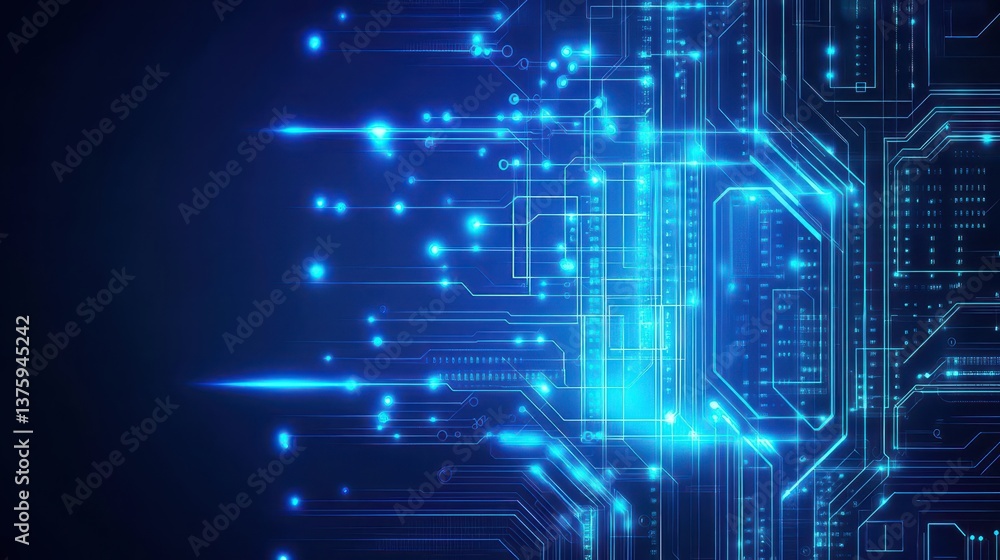 Poster high-tech circuit board featuring bright blue lights illuminating the intricate pathways and connect
