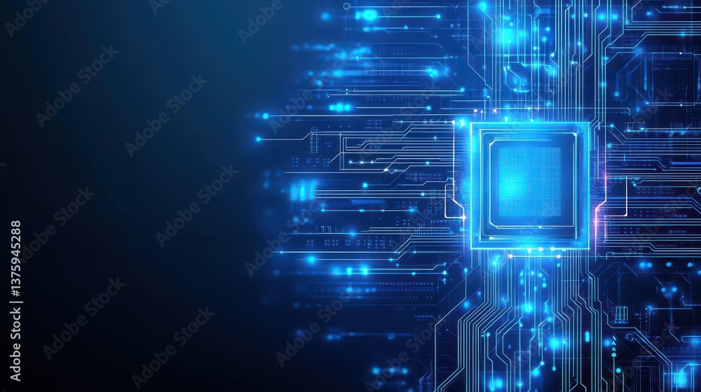 Poster Advanced circuit board set against a blue and black background featuring intricate lines and modern electronic design