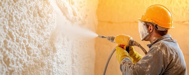 A worker applies spray foam insulation to a wall in a construction setting.