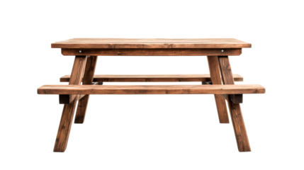 Wooden picnic table with benches, isolated, rustic style , cut out transparent