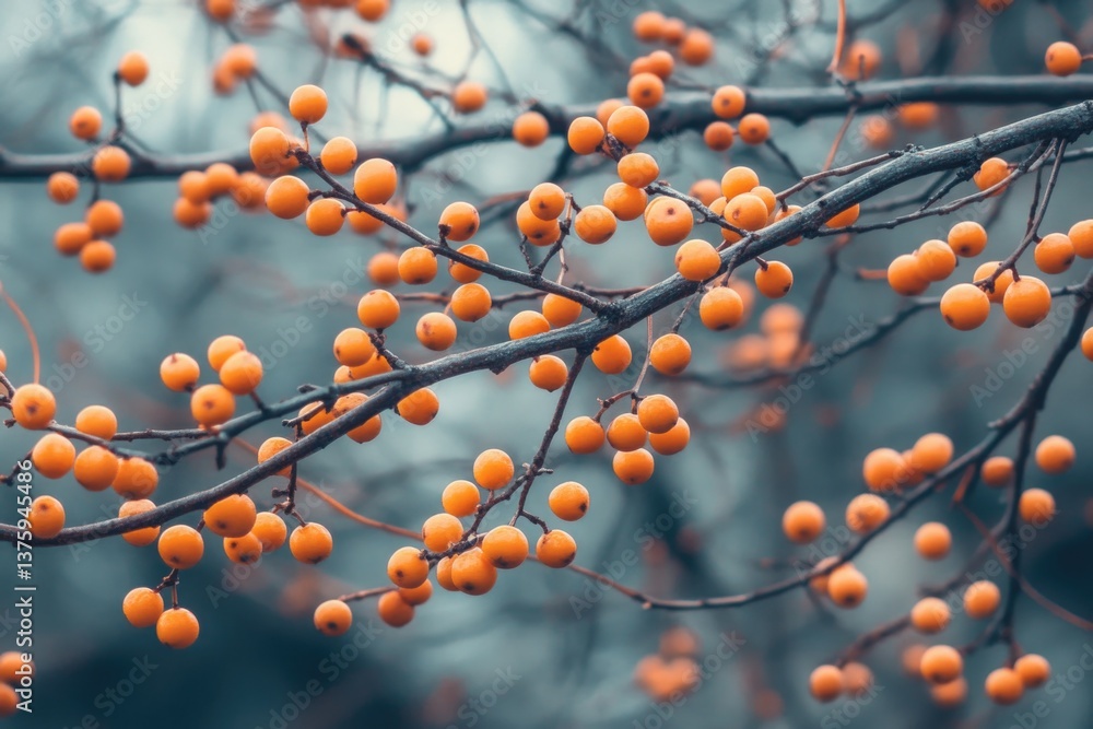 Poster branches of a tree adorned with vibrant orange berries, creating a striking sight.