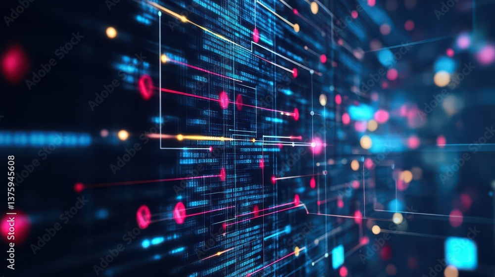 Poster Computer screen showcasing a bold blue and red background with intriguing visual layers for an engaging digital experience