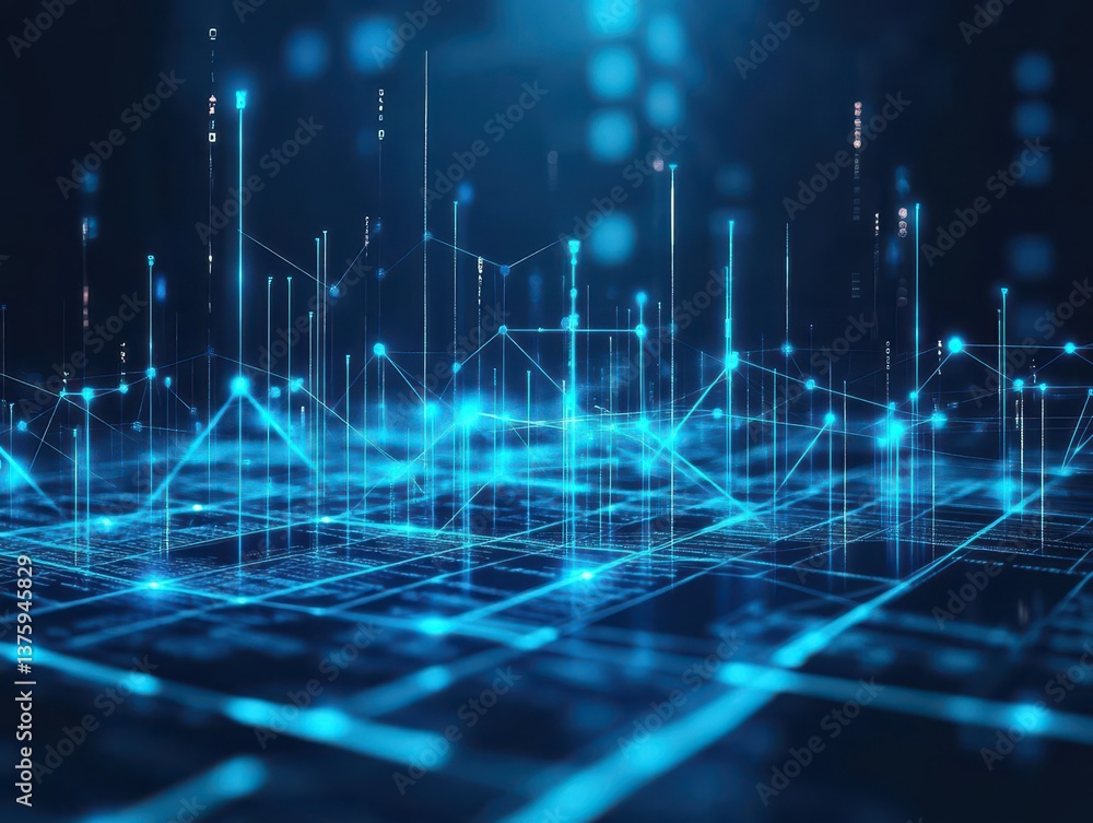 Aufkleber Intricate blue digital circuit pattern featuring lines and dots illuminated on a dark background for technology themes